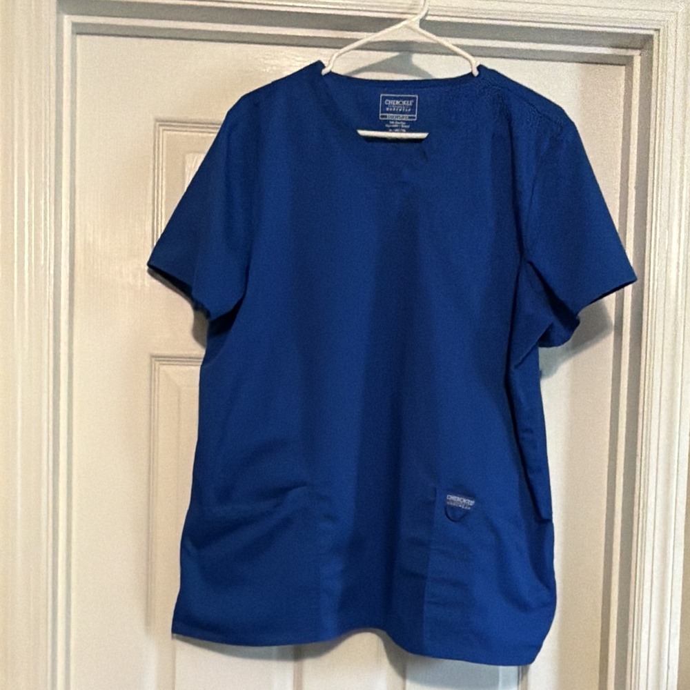 Cherokee Workwear Unisex Scrub Top Size XL Blue Solid V-Neck Medical Scrub Tops